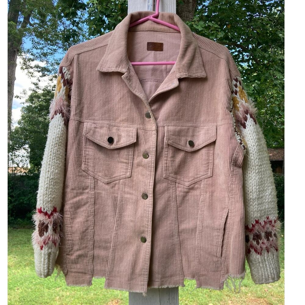 POL - Whimsical Boho Fairy Grunge Pink Corduroy Sweater Sleeve Shacket - S